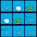 Man is lost on a deserted island with a tree. He hopes it's a banana tree and hits it. A cocobut falls and hits him in the head.