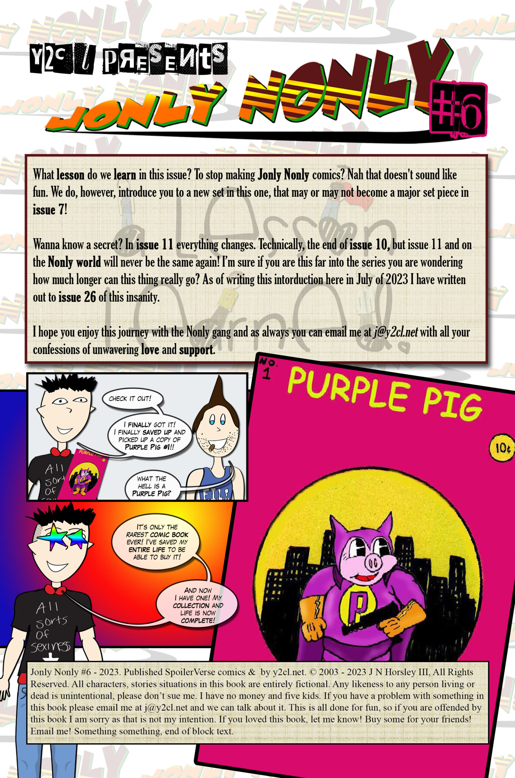 Jonly Nonly #6 Inside Cover with Purple Pig setup