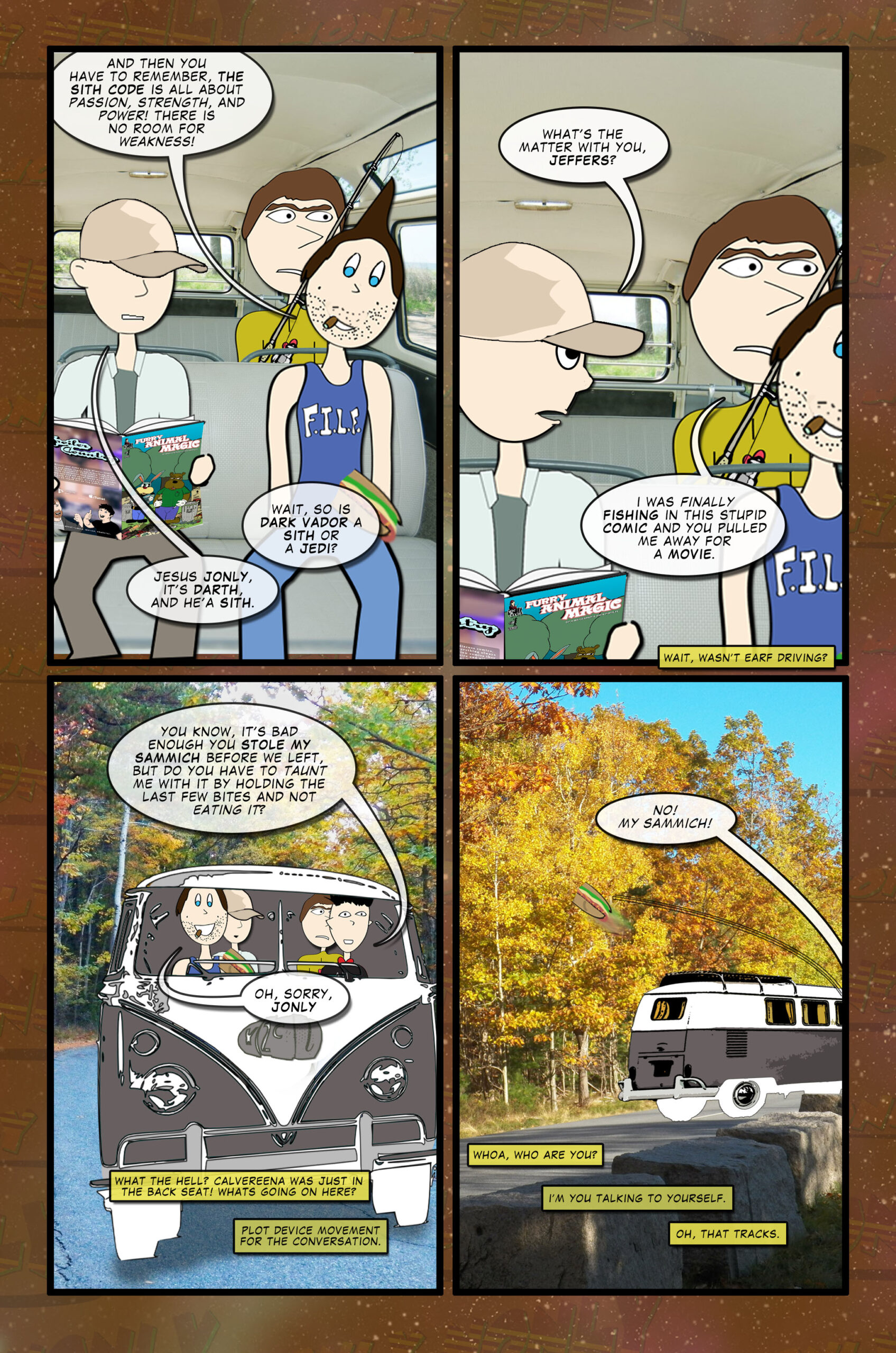 Earf is reading a Furry Animal Magic book while the guys drive around.