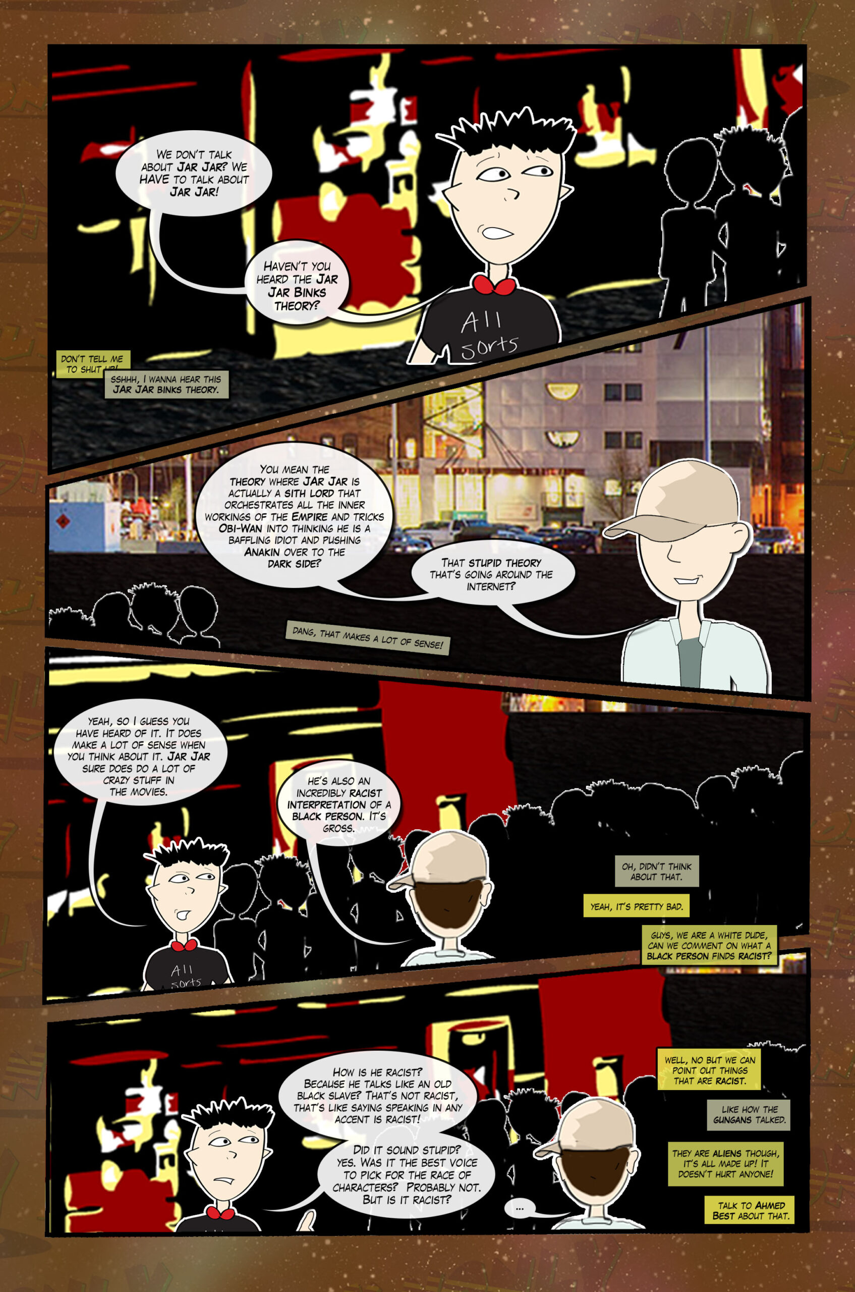 Earf explains the Jar Jar Binks theory while the caption boxes fight. 