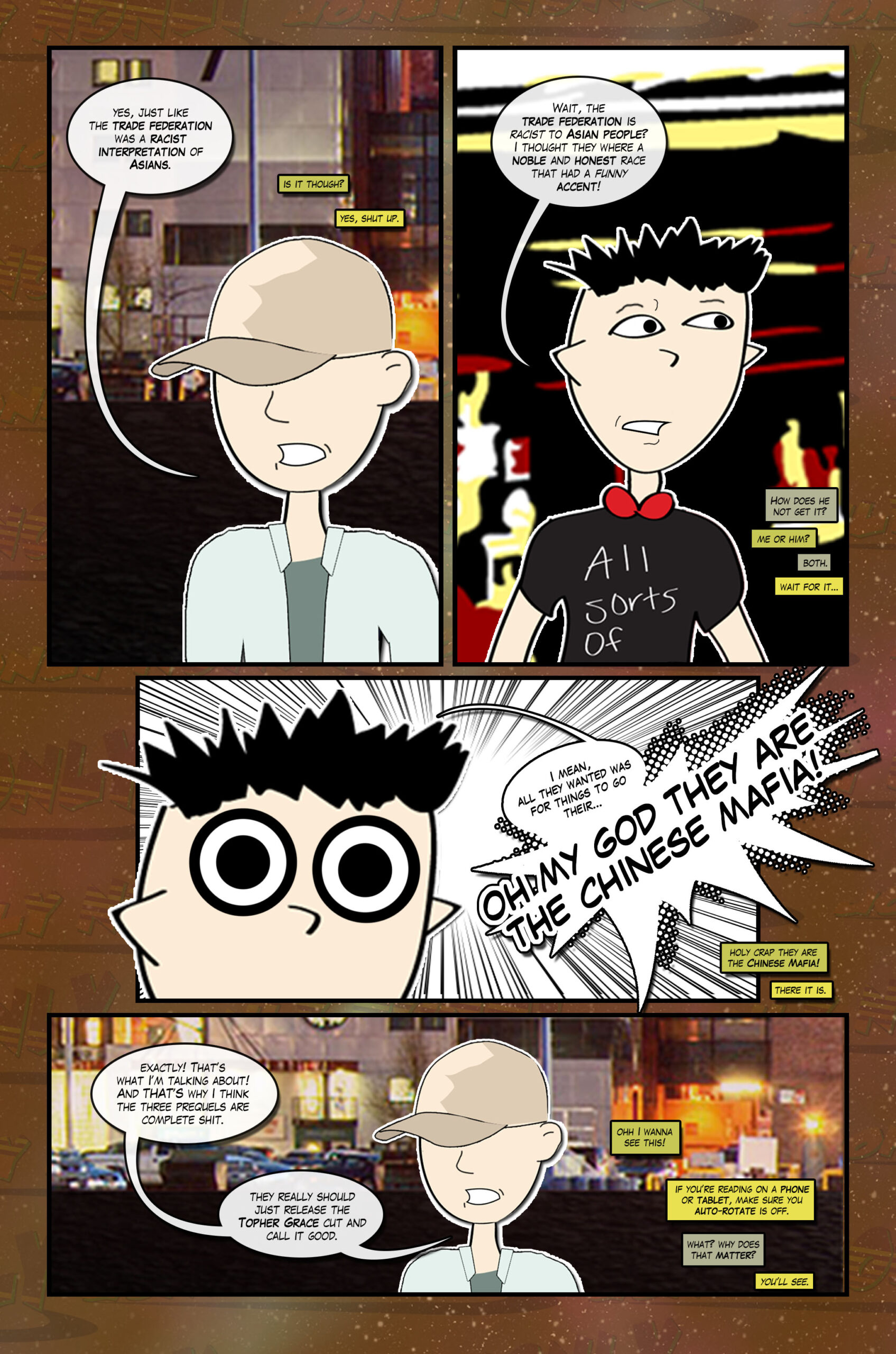 Jonly realizes the trade federation is racist towards Asians and the caption boxes fight more. 