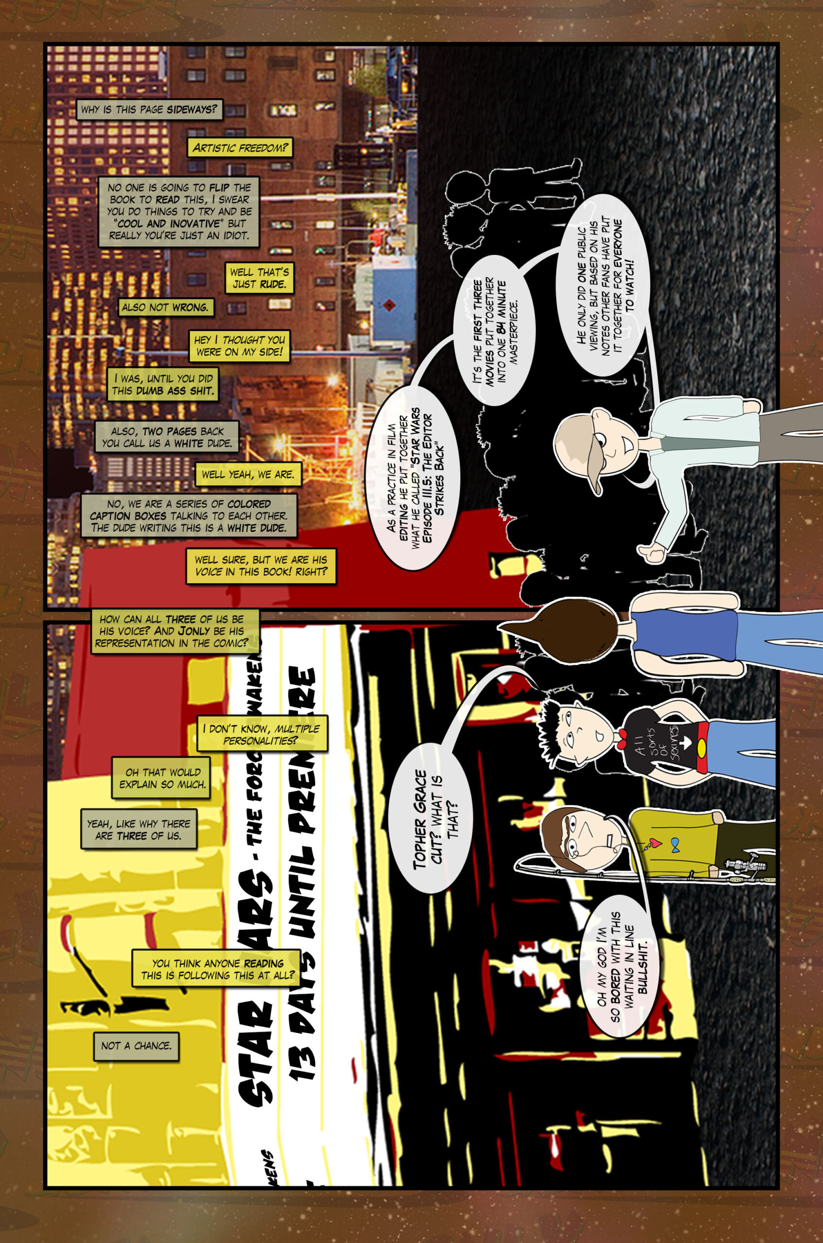 The guys talk about the Topher Grace cut as the Caption Boxes rotate the page and fight. 