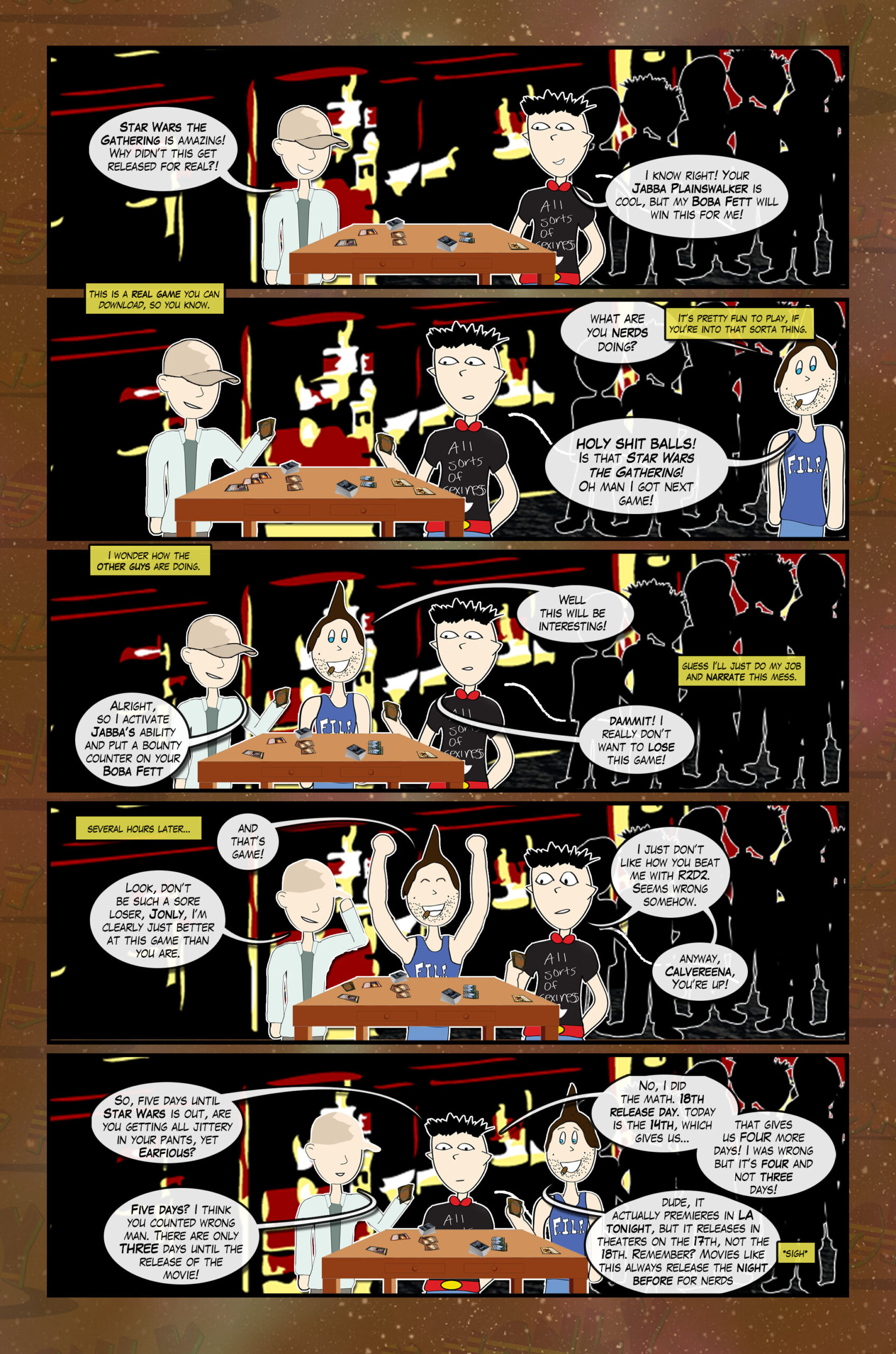 Jonly, Earf, and Calvereena play "Star Wars The Gathering" A Magic clone.