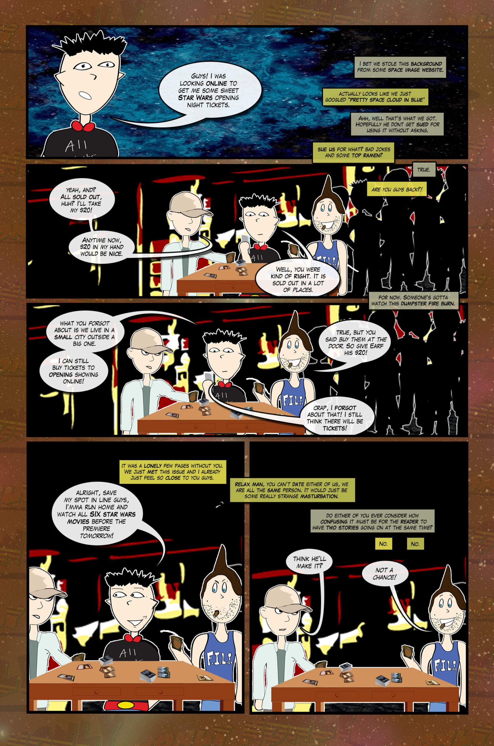 The guys play more Star Wats The Gathering and the captions boxes are back. 