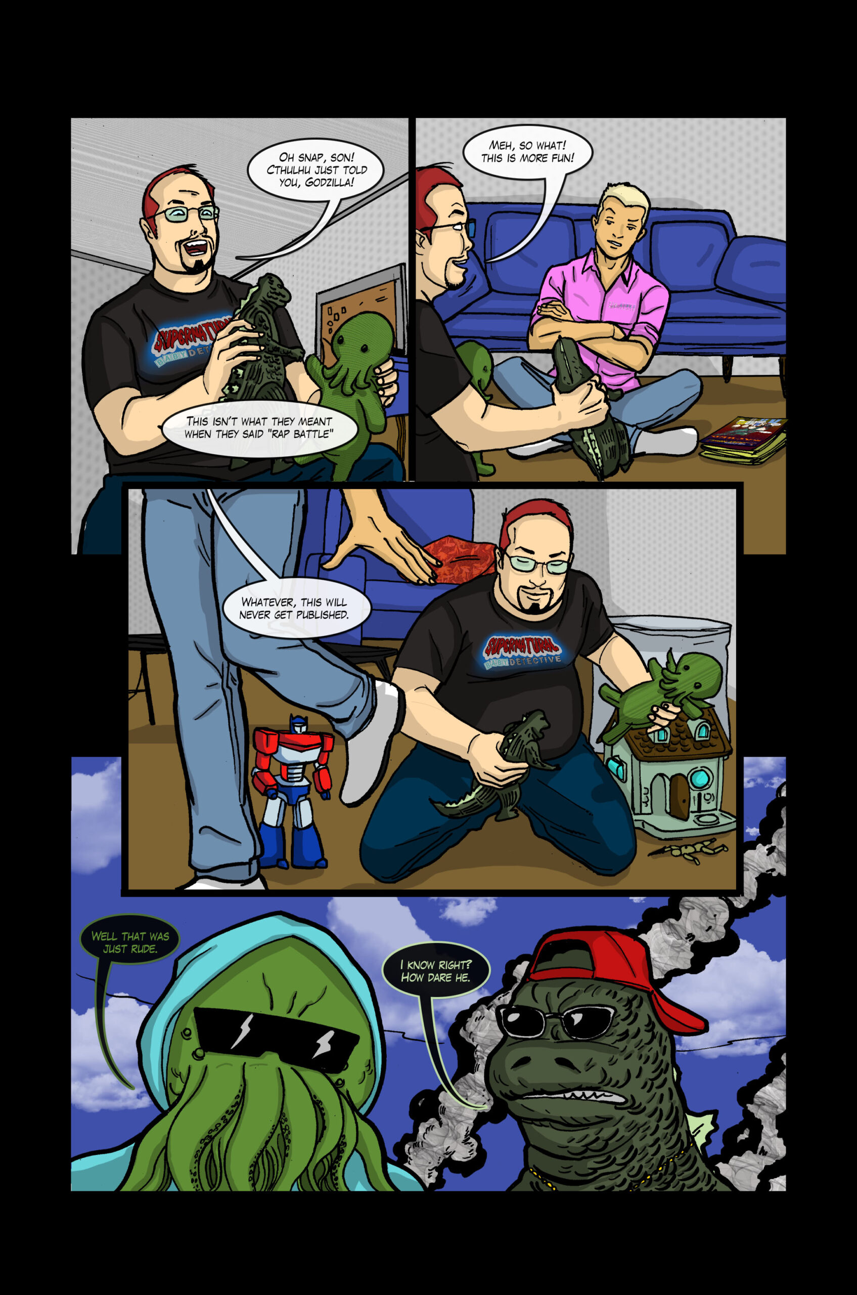 Godzilla and Cthulhu rap battle part two. Ends up a guy playing with toys