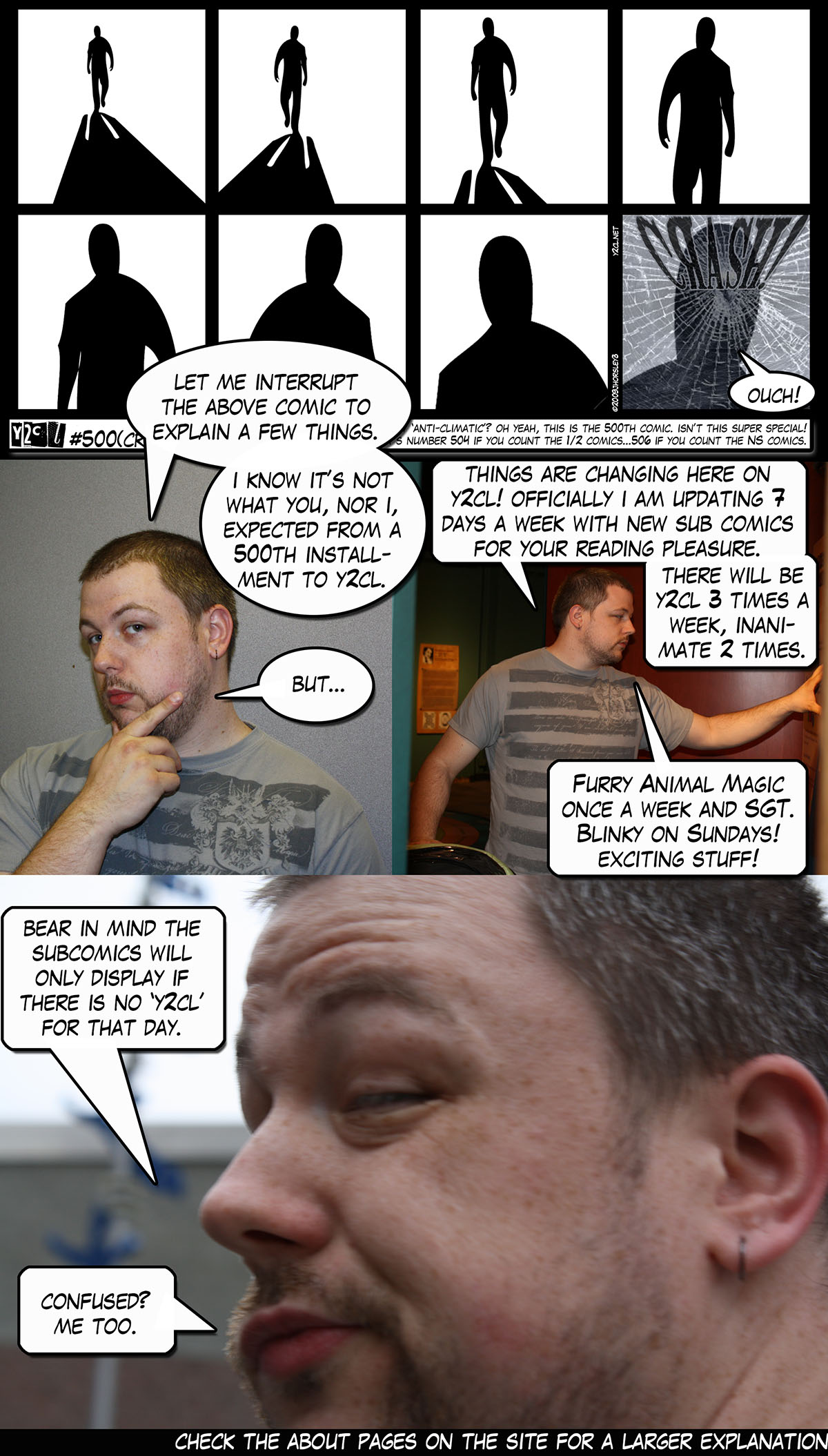 So, did you see this coming as the SUPER AWESOME 500th comic! oh yeah!

So yeah, Technically this is #504 is you count the 1/2 comics, and 506 if you could the NS (no strip) posts.

No, I’m not going to change the number so it all makes sense. I’m not Marvel comics here! Tomorrows comic will be #501. Though when I get close to #600 I might change the numbers so they match then, cause I like to be confusing. Then again, I might not. WHO KNOWS!

Oh, and you should have realized that y2cl is now running DAILY. You gotta love that shit.