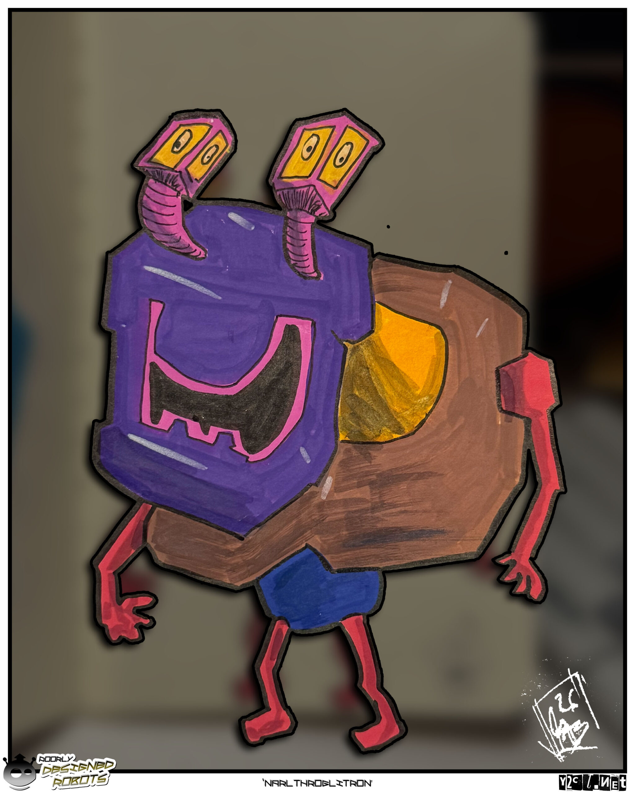 He was done with random shapes then seeing what came up. He sees all around him, but he is also cross eyed so he falls down a lot.