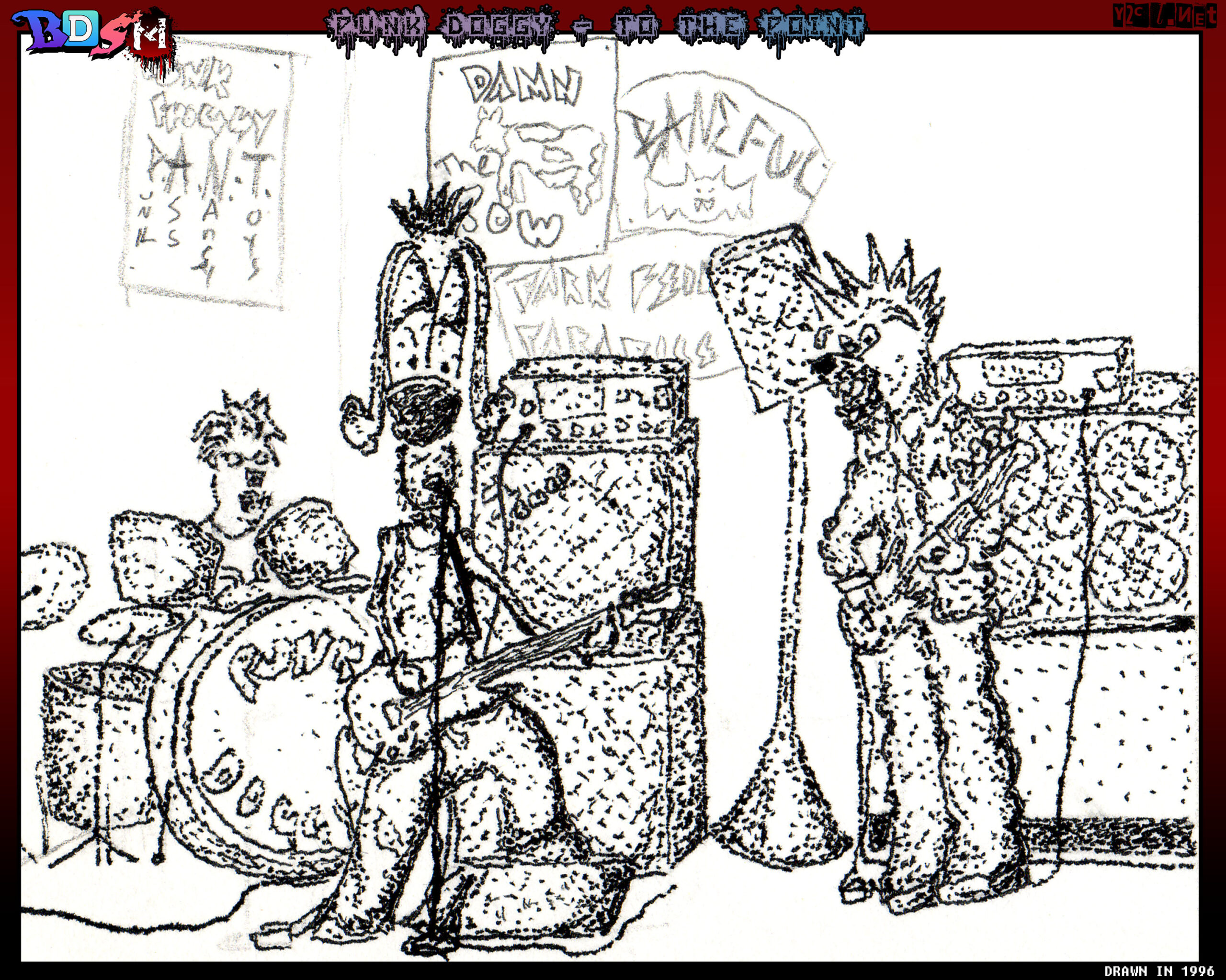 Pointillism of my awesome first band, Punk Doggy. This is crazy to me cause if you look art the posters in the background you can see posters for Damn The Cow, Baneful, and Dark Field paradice. Those are all just different names for this band.