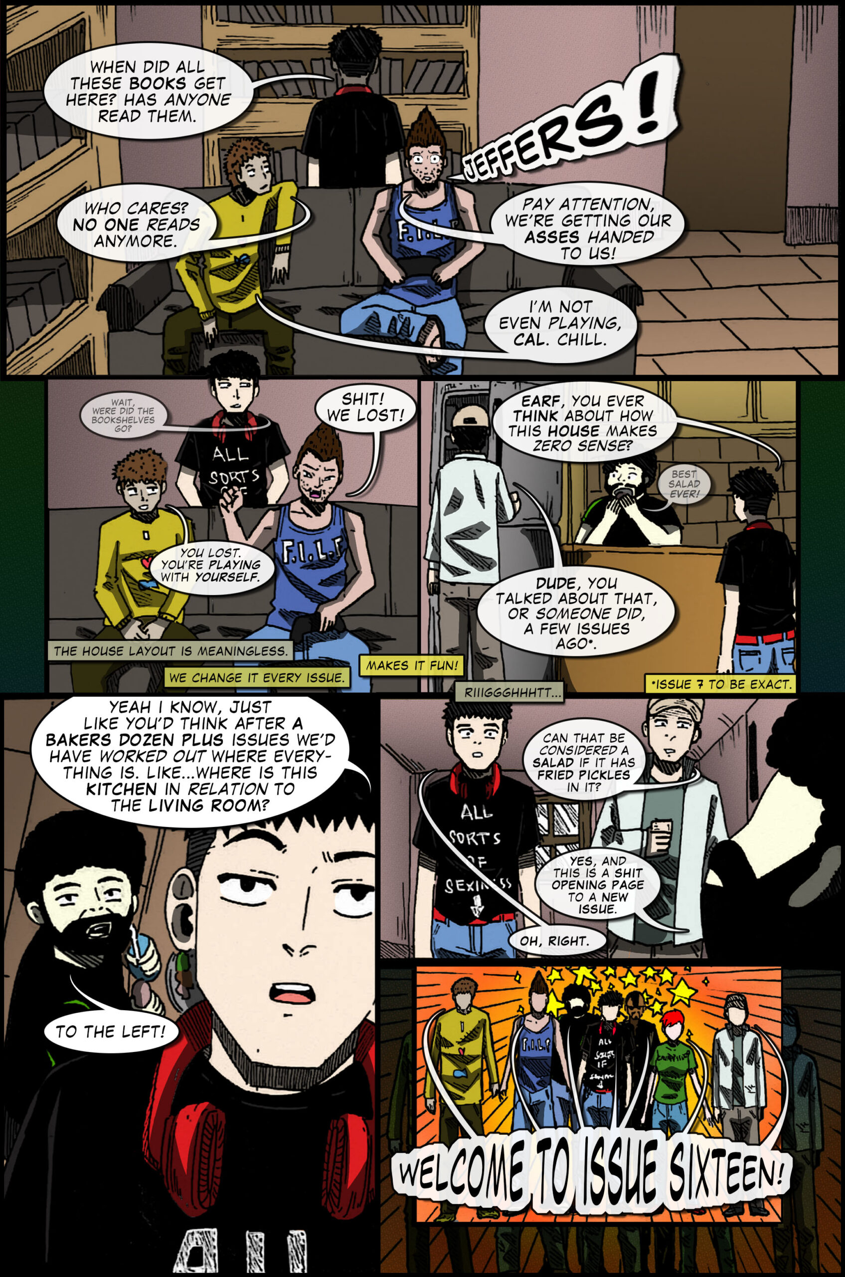 What Jonly says in panel one is a reference back to an old Jonly Nonly 24 hour comics day strip where they comment there&rsquo;s nothing on the book shelves. Then there is a page of a book diving to freedom and ending it&rsquo;s book life. #tragic.