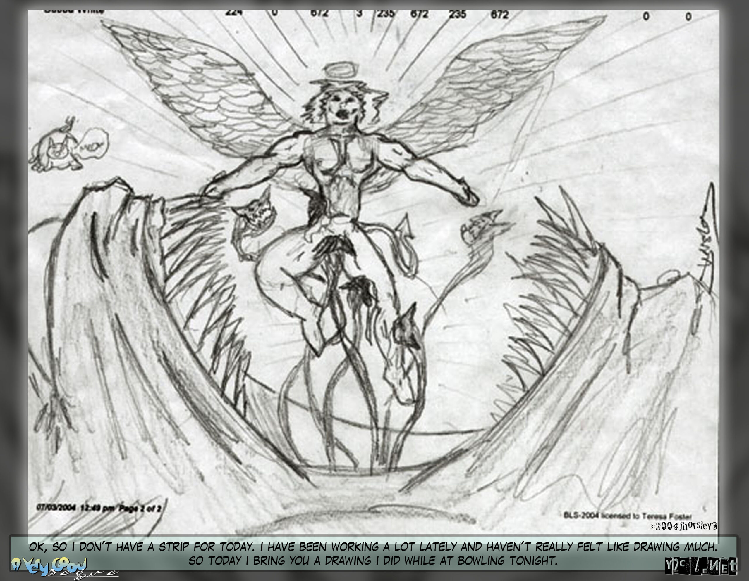 Drawn on the back of a bowling sheet in 2004, which honestly explains a lot about the demons biting the crotch.