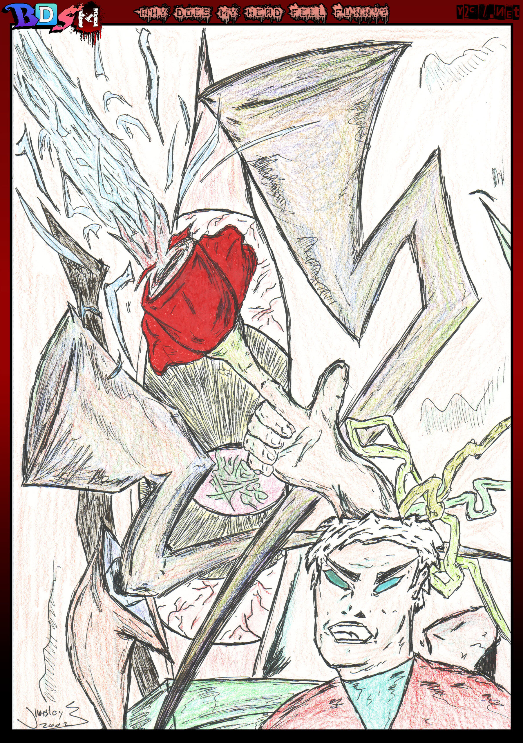 I think this one started with the rose and I didn't want to draw a stem so I made it a finger gun, pew pew!
2002 was a weird year for art for me I guess. I think this one started with the rose and I didn't want to draw a stem so I made it a finger gun, pew pew!
2002 was a weird year for art for me I guess.